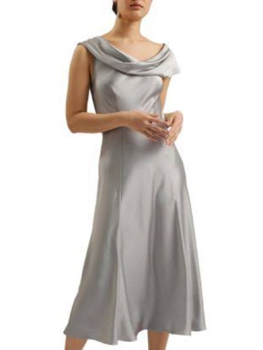 NWT Ted Baker London Silver Satin Draped Cowl-Neck Midi Dress